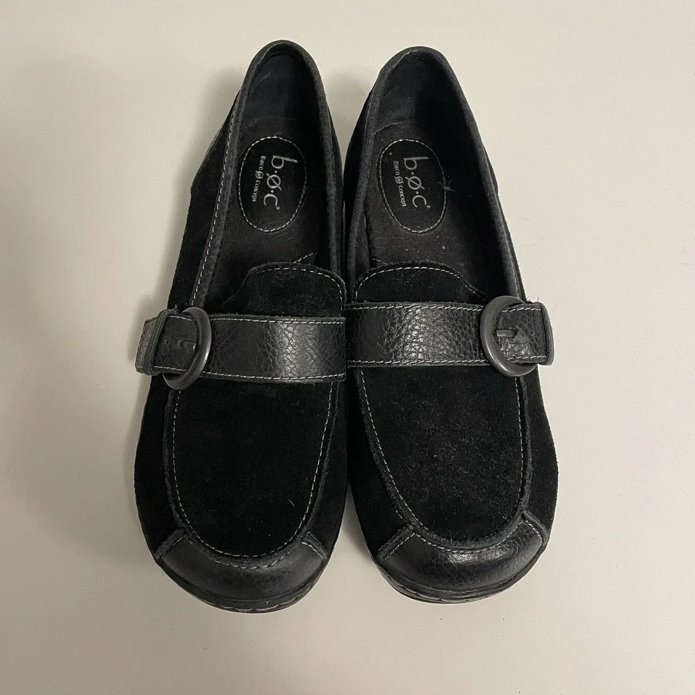Born‎ b.o.c Womens Erna Loafers Size 7M Black Suede Slip On Flat Shoes Buckles
